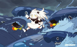 Rule 34 | 1girl, abyssal ship, aircraft, airplane, colored skin, dress, gake no ue no ponyo, highres, holding, horns, i-class destroyer, kantai collection, long hair, looking at viewer, mittens, naitou ryuu, northern ocean princess, ocean, parody, parted lips, rain, running, storm, twitter username, white dress, white hair, white skin, wind, yellow eyes