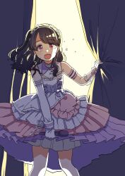 Rule 34 | 1girl, absurdres, artist request, asymmetrical gloves, black hair, commentary request, curtains, dress, elbow gloves, fangs, fukumaru koito, gloves, hair ornament, highres, holding, holding microphone, idolmaster, idolmaster shiny colors, layered skirt, long hair, looking at viewer, microphone, open mouth, purple eyes, single elbow glove, skin fangs, skirt, sleeveless, sleeveless dress, solo, sweat, twintails, uneven gloves