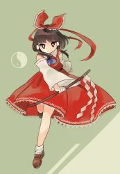 Rule 34 | 1girl, ascot, bad id, bad pixiv id, blue ascot, brown footwear, brown hair, closed mouth, commentary, detached sleeves, full body, hair ribbon, hakurei reimu, highres, holding, looking at viewer, red eyes, red ribbon, red skirt, red vest, ribbon, sasa kichi, shoes, short hair, skirt, smile, solo, standing, standing on one leg, touhou, v-shaped eyebrows, vest, yin yang