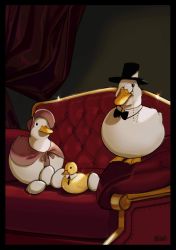 Rule 34 | aged down, animal, artist name, bird, black border, black headwear, black neckwear, border, bow, bowtie, commentary, couch, duck, egg, english commentary, family, hat, highres, monocle, necktie, nilan 1999, original, top hat