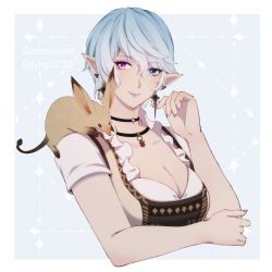 Rule 34 | 1girl, animal, animal on shoulder, breasts, choker, cleavage, commission, cropped torso, elezen, elf, final fantasy, final fantasy xiv, hair between eyes, heterochromia, jewelry, looking at viewer, lyra-kotto, medium breasts, mouse (animal), necklace, pointy ears, scoop neck, short hair, silver hair, solo, warrior of light (ff14)