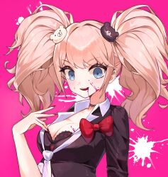 Rule 34 | 1girl, :d, absurdres, bear hair ornament, black bra, black shirt, blood, blood from mouth, blood on face, blue eyes, bow, bra, breasts, cleavage, danganronpa: trigger happy havoc, danganronpa (series), enoshima junko, hair ornament, hand up, highres, koya 223, large breasts, long hair, long sleeves, looking at viewer, nail polish, necktie, open mouth, pink background, pink blood, polka dot, polka dot bra, red bow, red nails, shirt, simple background, smile, teeth, twintails, underwear, upper body, upper teeth only, white necktie
