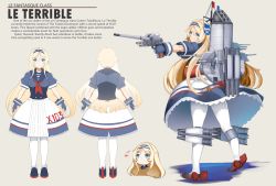 Rule 34 | 1girl, blonde hair, blue eyes, blue shirt, cannon, character name, character profile, character sheet, chiyo goya, commentary, destroyer, english commentary, english text, full body, gloves, hairband, highres, holding, le terrible (destroyer), long hair, machinery, mecha musume, military, military vehicle, multiple views, original, pantyhose, personification, ship, shirt, short sleeves, sidelocks, skirt, smokestack, standing, thigh strap, torpedo tubes, turnaround, turret, warship, watercraft, weapon, white pantyhose, white skirt, world of warships