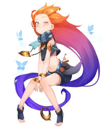 Rule 34 | 1girl, ;), bag, bare shoulders, blue hair, blush, bracelet, bug, butterfly, highres, insect, jewelry, key, league of legends, long hair, multicolored hair, navel, one eye closed, pouch, purple hair, ri-el, scarf, shoes, shorts, sitting, smile, solo, stomach, striped clothes, striped scarf, toeless footwear, very long hair, white background, zoe (league of legends)