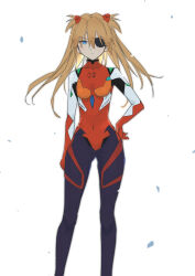 Rule 34 | 1girl, absurdres, algvpl7y5gvzzci, blue eyes, bodysuit, breasts, brown hair, evangelion: 3.0 you can (not) redo, expressionless, eyepatch, hair ornament, hand on own hip, highres, interface headset, long hair, looking at viewer, neon genesis evangelion, plugsuit, rebuild of evangelion, shiny clothes, simple background, small breasts, solo, souryuu asuka langley, standing, very long hair