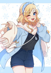 Rule 34 | 1girl, ;d, absurdres, bag, black sweater, blonde hair, blue eyes, blue hairband, blue shorts, brown scarf, denim, green nails, grk 11601, hairband, hands up, highres, idolmaster, idolmaster cinderella girls, jacket, long hair, long sleeves, nail polish, ohtsuki yui, one eye closed, open clothes, open jacket, open mouth, scarf, shorts, shoulder bag, smile, snowflake print, solo, sweater, v