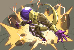 Rule 34 | 1boy, aura, colored skin, dragon ball, dragon ball super, dragon ball z fukkatsu no f, dragonball z, electricity, frieza, from above, gold skin, golden frieza, multicolored skin, navel, outstretched arms, purple skin, rock, spread arms, tail, yabe makoto, yellow skin