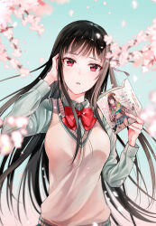 Rule 34 | 1girl, absurdres, adjusting hair, black hair, book, branch, brown sweater vest, cherry blossoms, falling petals, green shirt, hand up, highres, holding, holding book, long hair, looking at viewer, neck ribbon, open mouth, original, petals, red eyes, red ribbon, ribbon, shirt, sky, solo focus, straight hair, sweater vest, tenacitysaho