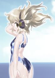 Rule 34 | 1girl, ass, black one-piece swimsuit, brown eyes, commentary request, competition swimsuit, cowboy shot, earmuffs, from behind, horizon, ocean, one-piece swimsuit, pointy hair, silver hair, solo, standing, swimsuit, touhou, toyosatomimi no miko, winn