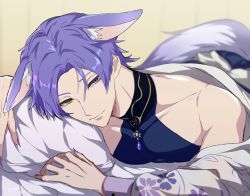 Rule 34 | 1boy, animal ears, bare shoulders, blurry, blurry background, floral print, fox boy, fox ears, fox tail, heterochromia, highres, jewelry, kuya (nu carnival), looking at viewer, lying, male focus, mole, mole under eye, nu carnival, on stomach, parted bangs, pendant, pillow, solo, tail, yadome810