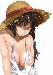 Rule 34 | 1girl, black hair, breasts, cleavage, collarbone, covered erect nipples, downblouse, green eyes, hat, highres, justin (sera tony), large breasts, no bra, original, see-through, solo, sun hat, tank top