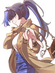 Rule 34 | 1girl, bag, blue eyes, blue hair, blue nails, blue pants, blunt bangs, boros (ouro kronii), breasts, brmameng, brown coat, coat, colored inner hair, denim, from side, hair intakes, handbag, high-waist pants, high ponytail, highres, holding, holding bag, hololive, hololive english, jeans, jewelry, long hair, long sleeves, looking at viewer, medium breasts, multicolored hair, nail polish, official alternate costume, open clothes, open coat, ouro kronii, ouro kronii (casual), pants, ponytail, shirt, simple background, trench coat, two-tone hair, v, virtual youtuber, white background, white shirt