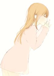 Rule 34 | 1girl, ^ ^, bad id, bad tumblr id, blonde hair, blush, closed eyes, cowboy shot, closed eyes, from side, long hair, long sleeves, lpip, no pants, original, own hands together, short hair, sidelocks, simple background, sleeves past wrists, solo, sweater, thighs, white background