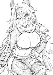 Rule 34 | 1girl, blush, breasts, chaps, cleavage, crop top, cropped jacket, fingerless gloves, gloves, goddess of victory: nikke, greyscale, grin, hair between eyes, headgear, highres, horns, jacket, large breasts, leather, leather jacket, long hair, looking at viewer, mechanical horns, midriff, monochrome, navel, red hood (nikke), scarf, simple background, sitting, sketch, smile, solo, sweat, unzipped, very long hair, white background, yougenko, zipper