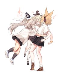Rule 34 | 3girls, ^^^, ^ ^, absurdres, bandaged leg, bandages, black footwear, black hat, black skirt, black socks, blonde hair, blouse, blue hat, blush, brown footwear, closed eyes, commentary request, contemporary, earmuffs, electricity, from behind, from side, full body, glomp, green hair, hat, hat ribbon, heart, highres, hug, kneehighs, loafers, long hair, mary janes, miniskirt, mononobe no futo, multiple girls, open mouth, pleated skirt, pointy hair, profile, ribbon, school uniform, scrunchie, shan, shirt, shoes, short hair, short sleeves, silver hair, simple background, skirt, sneakers, socks, soga no tojiko, spoken heart, standing, tate eboshi, thighs, touhou, toyosatomimi no miko, white background, white footwear, white legwear, white ribbon, white shirt, wing collar, wrist scrunchie, yuri