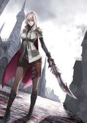 Rule 34 | 10s, 1girl, blue eyes, bombomb25, boots, building, elbow gloves, final fantasy, final fantasy xiii, gloves, highres, lightning farron, lightning returns: final fantasy xiii, long hair, looking at viewer, miniskirt, pink hair, serious, shorts, skirt, solo, square enix, sword, weapon