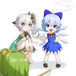 Rule 34 | 3girls, :d, ?, absurdres, ahoge, aqua hair, blue eyes, bow, bracelet, cape, cirno, commentary, crossover, daiyousei, detached sleeves, dress, fairy wings, genshin impact, gradient hair, green eyes, green hair, hair between eyes, hair bow, hair ornament, hair ribbon, hand on own hip, highres, ice, ice wings, jewelry, long hair, looking at viewer, multicolored hair, multiple girls, nahida (genshin impact), open mouth, out of frame, parted lips, pointy ears, ribbon, short hair, short sleeves, side ponytail, sidelocks, simple background, smile, star (symbol), stirrup legwear, thought bubble, toeless legwear, touhou, v-shaped eyebrows, white background, white dress, white hair, wings, xue xue