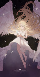 Rule 34 | 1girl, angel wings, artist name, bare shoulders, barefoot, black background, blonde hair, bug, butterfly, dark background, dated, dress, english text, floating, floating hair, green eyes, hair between eyes, highres, insect, jewelry, light, long hair, looking down, necklace, neckwear request, nintendo, parted lips, petals, pointy ears, princess zelda, rutiwa, simple background, sleeveless, solo, the legend of zelda, thick eyebrows, triforce, very long hair, white dress, white wings, wings