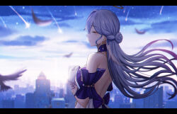 Rule 34 | 1girl, back, bird, breasts, chinese commentary, cityscape, closed eyes, closed mouth, commentary request, detached sleeves, earrings, feathers, from side, gloves, halo, highres, honkai: star rail, honkai (series), jewelry, letterboxed, long hair, medium breasts, outdoors, robin (honkai: star rail), selcky, shooting star, sideboob, smile, solo, upper body, white gloves, white hair