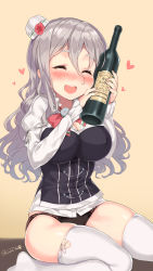 Rule 34 | 10s, 1girl, :d, ^ ^, black panties, blush, bottle, breasts, cleavage, closed eyes, covered erect nipples, eyebrows, fingernails, flower, grey hair, hair between eyes, happy, hat, hat flower, heart, highres, holding, italian flag, italian text, kantai collection, kuro chairo no neko, large breasts, long hair, long sleeves, mini hat, no pants, nose blush, open mouth, panties, paw print, pola (kancolle), puffy long sleeves, puffy sleeves, ribbon, sitting, skindentation, sleeves past wrists, smile, solo, teeth, thick eyebrows, thighhighs, translated, twitter username, underwear, wariza, wavy hair, white ribbon, white thighhighs, wine bottle