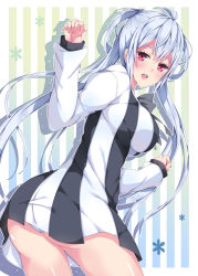 Rule 34 | 1girl, ass, blue hair, breasts, dress, long hair, looking at viewer, matoi (pso2), milkpanda, open mouth, panties, phantasy star, phantasy star online 2, pink eyes, short dress, sideboob, solo, striped background, striped clothes, striped dress, twintails, underwear