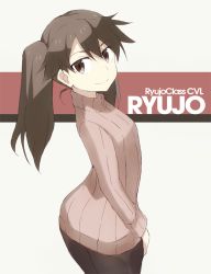 Rule 34 | 10s, 1girl, alternate costume, ass, brown eyes, brown hair, character name, contrapposto, dress, from above, from behind, hand on leg, hand on own thigh, kantai collection, looking at viewer, pants, ribbed sweater, ryuujou (kancolle), shigino sohuzi, simple background, smile, solo, standing, sweater, sweater dress, turtleneck, turtleneck sweater, twintails