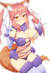 Rule 34 | 1girl, animal ear fluff, animal ears, blush, breasts, cleavage, commentary request, commission, cosplay, double fox shadow puppet, elbow gloves, fate/grand order, fate (series), fox ears, fox girl, fox shadow puppet, fox tail, fur-trimmed gloves, fur-trimmed legwear, fur collar, fur trim, gloves, hair ribbon, halloween, halloween costume, highres, lace, lace-trimmed legwear, lace trim, large breasts, looking at viewer, mash kyrielight, mash kyrielight (dangerous beast), mash kyrielight (dangerous beast) (cosplay), mizuki (kogetsu-tei), nipples, o-ring, o-ring top, official alternate costume, pink hair, purple gloves, purple legwear, revealing clothes, ribbon, skeb commission, solo, tail, tamamo (fate), tamamo no mae (fate/extra), white ribbon, yellow eyes