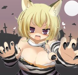 Rule 34 | 1girl, animal ears, bat (animal), black nails, black shirt, black sleeves, blonde hair, blush, breasts, cat ears, chain, cleavage, commentary request, cross, cuffs, detached sleeves, fang, fingernails, full moon, graveyard, highres, kafuru (senran kagura), large breasts, lets0020, looking at viewer, medium bangs, moon, open mouth, prison clothes, purple eyes, senran kagura, senran kagura new link, shaded face, shirt, short hair, smile, solo, striped clothes, striped shirt, striped sleeves, upper body, v-shaped eyebrows, white shirt, white sleeves