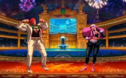 Rule 34 | 2023, fireworks, formal, fountain, highres, kdekercy, manon legrand, marisa (street fighter), midriff, pink hair, pixel art, red hair, stadium, street fighter, suit, the king of fighters