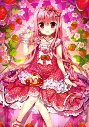 Rule 34 | 1girl, absurdres, bow, collarbone, dress, eyebrows, food, fruit, fujima takuya, hair bow, highres, holding, long hair, looking at viewer, open mouth, original, pink hair, red dress, red eyes, scan, sitting, solo, spoon, white bow, wrist cuffs
