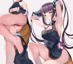 Rule 34 | 1girl, armpits, arms behind head, arms up, ass, bad id, bad pixiv id, bare shoulders, black dress, black footwear, blue eyes, blunt bangs, blush, breasts, china dress, chinese clothes, cleavage, detached sleeves, dress, fate/grand order, fate (series), hair ornament, high heels, highres, knee up, leaf hair ornament, legs, long hair, looking at viewer, medium breasts, multiple views, open mouth, panties, pink panties, purple hair, side slit, sidelocks, thighs, tipii, twintails, underwear, upskirt, very long hair, yang guifei (fate), yang guifei (second ascension) (fate)