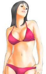 Rule 34 | 1girl, bikini, black eyes, black hair, breasts, cleavage, mokako (pixiv69753), navel, nico robin, nyoro (pixiv69753), one piece, red bikini, solo, swimsuit