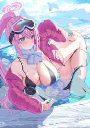 Rule 34 | 1girl, absurdres, animal, bad anatomy, bear, bikini, bird, black bikini, blue archive, blush, breasts, cleavage, cowboy shot, day, eimi (blue archive), eimi (swimsuit) (blue archive), goggles, goggles on head, halo, highres, jacket, jinbei (user tpny4757), large breasts, long hair, long sleeves, official alternate costume, open clothes, open jacket, outdoors, parted lips, penguin, pink eyes, pink hair, pink halo, pink jacket, polar bear, ponytail, side-tie bikini bottom, solo, swimsuit, untied bikini, very long hair