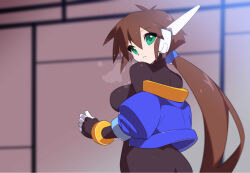Rule 34 | 1girl, aile (mega man zx), black bodysuit, blue jacket, blurry, blurry background, bodysuit, bodysuit under clothes, breasts, breath, brown hair, cropped jacket, from behind, green eyes, jacket, kaidou zx, large breasts, long hair, looking at viewer, looking back, mega man (series), mega man zx, mega man zx advent, off shoulder, ponytail, robot ears, solo, sweat, upper body