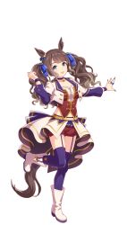 Rule 34 | animal ears, blue eyes, boots, breasts, brown hair, cleavage, collarbone, starting future (umamusume), full body, highres, horse ears, horse tail, leg up, looking at viewer, medium hair, official alternate costume, open mouth, shorts, solo, tail, thighhighs, tosen jordan (umamusume), transparent background, twintails, umamusume