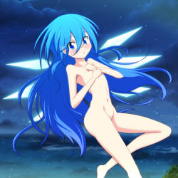 Rule 34 | 1girl, alternate hair length, alternate hairstyle, arched back, bad anatomy, blue eyes, blush, cato (monocatienus), cirno, collarbone, covering nipples, covering privates, flat chest, from side, glowing, glowing wings, groin, hands on own chest, hip bones, ice, ice wings, long hair, looking at viewer, narrow waist, navel, night, night sky, nude, open mouth, sky, solo, touhou, very long hair, wings