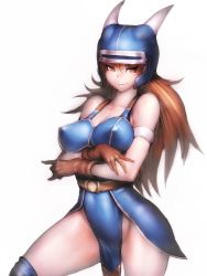 Rule 34 | 1girl, \m/, armlet, armor, bare shoulders, belt, blue armor, blush, breast hold, breasts, brown eyes, brown hair, cleavage, covered erect nipples, cowboy shot, crossed arms, daisy (dq), dragon quest, dragon quest yuusha abel densetsu, fake horns, flipped hair, fumio (rsqkr), gloves, groin, hair between eyes, helmet, horned helmet, horns, impossible clothes, large breasts, legs apart, light smile, lips, long hair, looking at viewer, no panties, pelvic curtain, simple background, smile, solo, square enix, standing, thighhighs, thighs, visor, white background