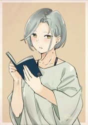Rule 34 | 1girl, absurdres, alternate costume, book, brown background, commentary request, forehead, grey hair, highres, kantai collection, mole, mole on neck, one-hour drawing challenge, parted lips, shirt, short hair, solo, swept bangs, tamanami (kancolle), vi3r6ein, white shirt, yellow eyes
