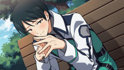 Rule 34 | 1boy, asada hachi, banned artist, belt, bench, black belt, black hair, blush, brown eyes, closed mouth, cloud, collared shirt, commentary, day, dutch angle, fingernails, fingers together, first high school uniform, green jacket, grey shirt, hands up, highres, jacket, long sleeves, looking at viewer, mahouka koukou no rettousei, male focus, on bench, outdoors, park bench, school uniform, shadow, shirt, short hair, sitting, sky, solo, steepled fingers, tree, twitter username, watermark, yoshida mikihiko