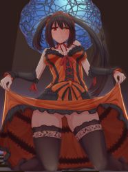 Rule 34 | 10s, 1girl, bare shoulders, black hair, blush, breasts, breasts apart, cleavage, clock eyes, clothes lift, date a live, dress, dura, hairband, heterochromia, highres, kneeling, lifting own clothes, lolita fashion, lolita hairband, long hair, looking at viewer, medium breasts, no panties, pleated skirt, red eyes, skirt, skirt lift, smile, solo, symbol-shaped pupils, thighhighs, tokisaki kurumi, twintails, wide hips, yellow eyes