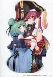 Rule 34 | 2girls, absurdres, ascot, bare shoulders, blush, breasts, closed mouth, coat, detached sleeves, dress, eyepatch, gold trim, grey hair, hair bun, hair ornament, hat, head tilt, highres, holding hands, hololive, houshou marine, interlocked fingers, long hair, long sleeves, looking at viewer, medium breasts, multiple girls, off shoulder, page number, pirate hat, red eyes, red hair, scan, simple background, skull hair ornament, small breasts, uruha rushia, uruha rushia (1st costume), virtual youtuber, watao, wide sleeves