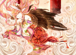 Rule 34 | 1girl, absurdres, alternate costume, armlet, black wings, bracelet, circe (fate), circlet, fate/grand order, fate (series), feathered wings, gevjon, hand on own chin, head wings, highres, japanese clothes, jewelry, long hair, looking at viewer, multicolored hair, orange hair, pig, pink hair, pointy ears, smile, solo, wings