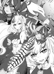 Rule 34 | 2girls, absurdres, braid, breasts, chainsaw man, cleavage, closed mouth, clothing cutout, double bun, dress, earrings, greyscale, hair bun, hair ornament, heterochromia, highres, holding, holding sword, holding weapon, hololive, hololive indonesia, jewelry, kureiji ollie, large breasts, long hair, monochrome, multicolored hair, multiple girls, navel, open mouth, patchwork skin, pavolia reine, ponytail, rlus, spine, stitched face, stitches, stomach cutout, sword, symbol-shaped pupils, two-tone hair, v-shaped eyebrows, very long hair, virtual youtuber, weapon, x-shaped pupils, yoru (chainsaw man)