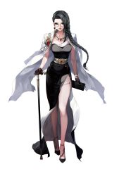Rule 34 | 1girl, absurdres, adela gro, ankle strap, artist request, black dress, black eyes, black footwear, black hair, black survival, braid, breasts, cane, chain, coat, coat on shoulders, dress, earrings, glasses, high heels, highres, holding, holding cane, jewelry, lipstick, long dress, long hair, looking at viewer, makeup, medium breasts, necklace, official art, parted lips, pumps, shoes, side slit, simple background, solo, standing, stiletto heels, strapless, strapless dress, white background, white coat