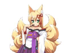 Rule 34 | 1girl, animal ear fluff, animal ears, bare shoulders, blonde hair, bmp-to-png conversion, chest tattoo, closed mouth, cowboy shot, eyeshadow, folding fan, fox ears, fox girl, fox tail, game cg, green eyes, hair between eyes, hakama, hakama skirt, hand fan, hand on own hip, holding, holding fan, japanese clothes, jingai modoki, kimono, kitsune, light blush, lolibaba, long hair, looking at viewer, makeup, mon-musu quest!, monster girl, multiple tails, neck tattoo, non-web source, obi, purple hakama, purple sash, red eyeshadow, sash, simple background, skirt, slit pupils, smile, solo, tail, tamamo (mon-musu quest!), tattoo, transparent background, white kimono, wide sleeves