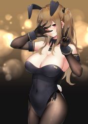 Rule 34 | 1girl, 404 logo (girls&#039; frontline), :3, alternate costume, animal ears, bare shoulders, black gloves, black leotard, black pantyhose, blurry, blurry background, blush, breasts, brown eyes, brown hair, cleavage, closed mouth, covered navel, cowboy shot, detached collar, elbow gloves, fake animal ears, girls&#039; frontline, gloves, groin, hair between eyes, hair ornament, hairclip, hand up, hayabusa (vert 320), highres, indoors, large breasts, leotard, long hair, looking at viewer, pantyhose, playboy bunny, rabbit ears, rabbit tail, scar, scar across eye, scar on face, sidelocks, signature, skindentation, smile, tail, twintails, ump9 (girls&#039; frontline), v, wrist cuffs