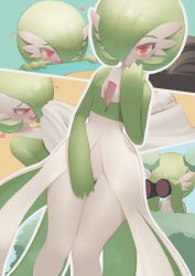 Rule 34 | binoculars, blush, bob cut, bush, closed mouth, collarbone, colored skin, commentary request, creatures (company), drooling, eyelashes, game freak, gardevoir, gen 3 pokemon, green hair, hand up, hane (15188414), heart, highres, holding, holding binoculars, looking at viewer, mouth drool, nintendo, open mouth, outline, pokemon, pokemon (creature), raised eyebrows, red eyes, smile, tongue, white skin
