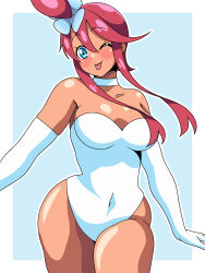 Rule 34 | 1girl, ;p, bare shoulders, blush, breasts, cleavage, creatures (company), dark-skinned female, dark skin, game freak, gloves, highres, inabakun00, large breasts, leotard, looking at viewer, nintendo, one eye closed, pokemon, pokemon bw, red hair, skyla (pokemon), tongue, tongue out, wide hips, wink