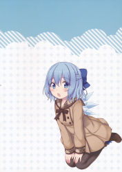 Rule 34 | 1girl, absurdres, ankle boots, black pantyhose, blue bow, blue eyes, blue hair, boots, bow, bowtie, brown bow, brown bowtie, brown coat, brown footwear, cirno, coat, detached wings, eyebrows, full body, hair bow, hands on own knees, highres, ice, ice wings, kneeling, long sleeves, looking at viewer, maki (natoriumu), matching hair/eyes, pantyhose, short hair, solo, touhou, wings, winter clothes, winter coat