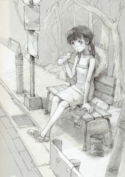 Rule 34 | 1girl, bare shoulders, bench, breasts, bus stop, cleavage, collarbone, dorsiflexion, full body, fuyuno haruaki, greyscale, loafers, looking at viewer, monochrome, original, road, shoes, sidewalk, sign, sitting, small breasts, solo, street